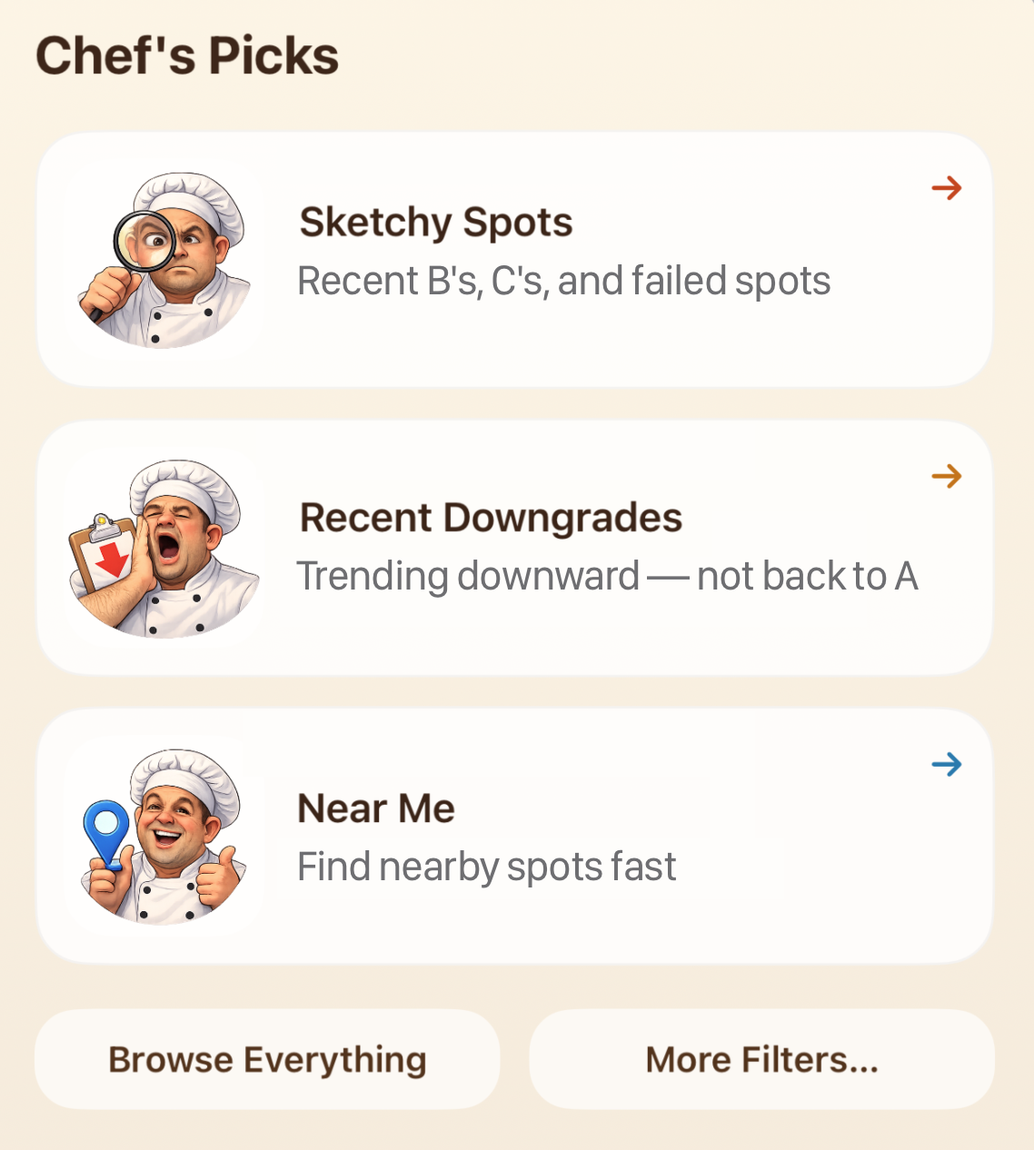 Safe Eats Chef’s Picks menu showing curated browsing options
