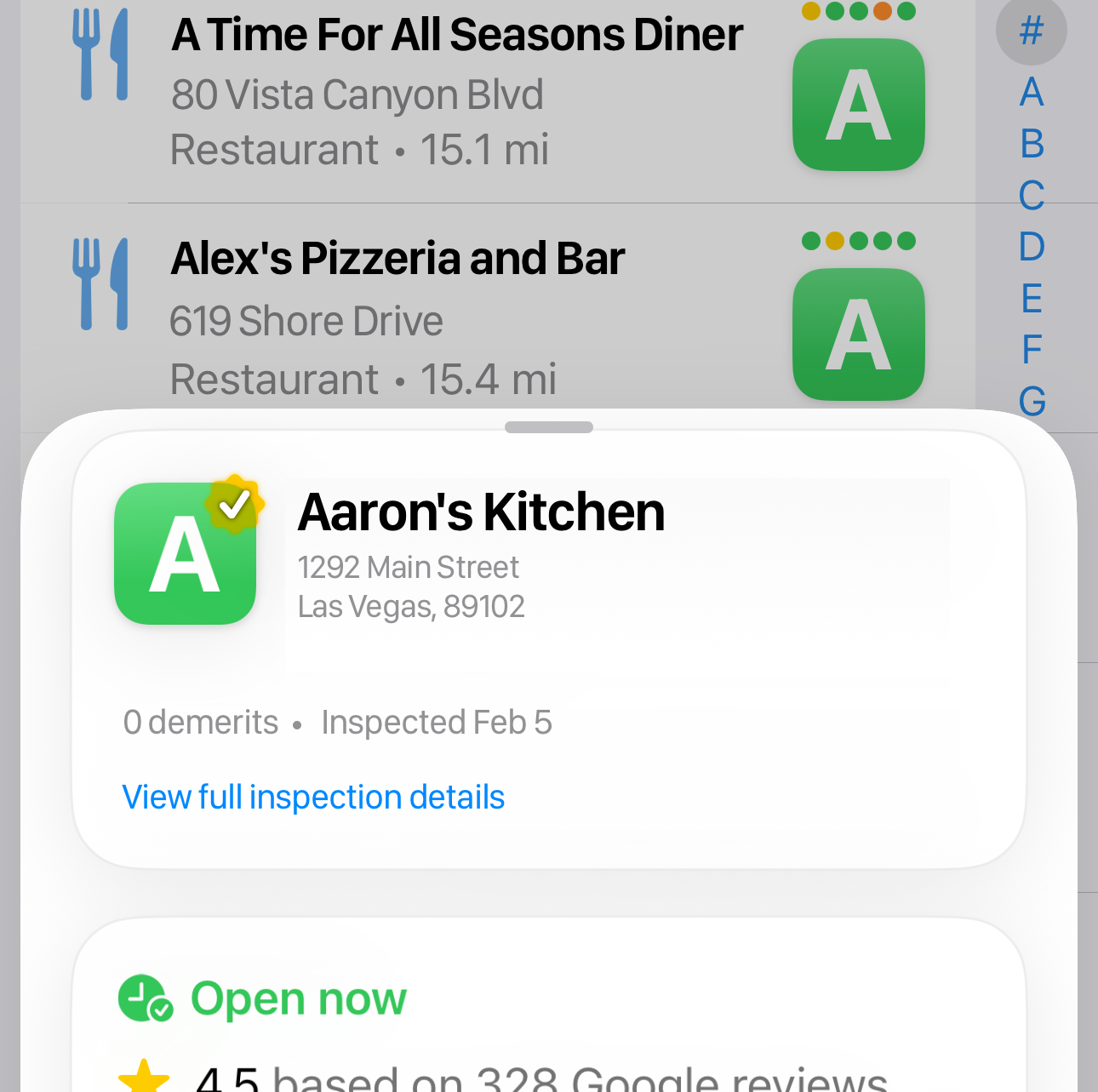 Quick Look popup showing phone, website, directions, and hours
