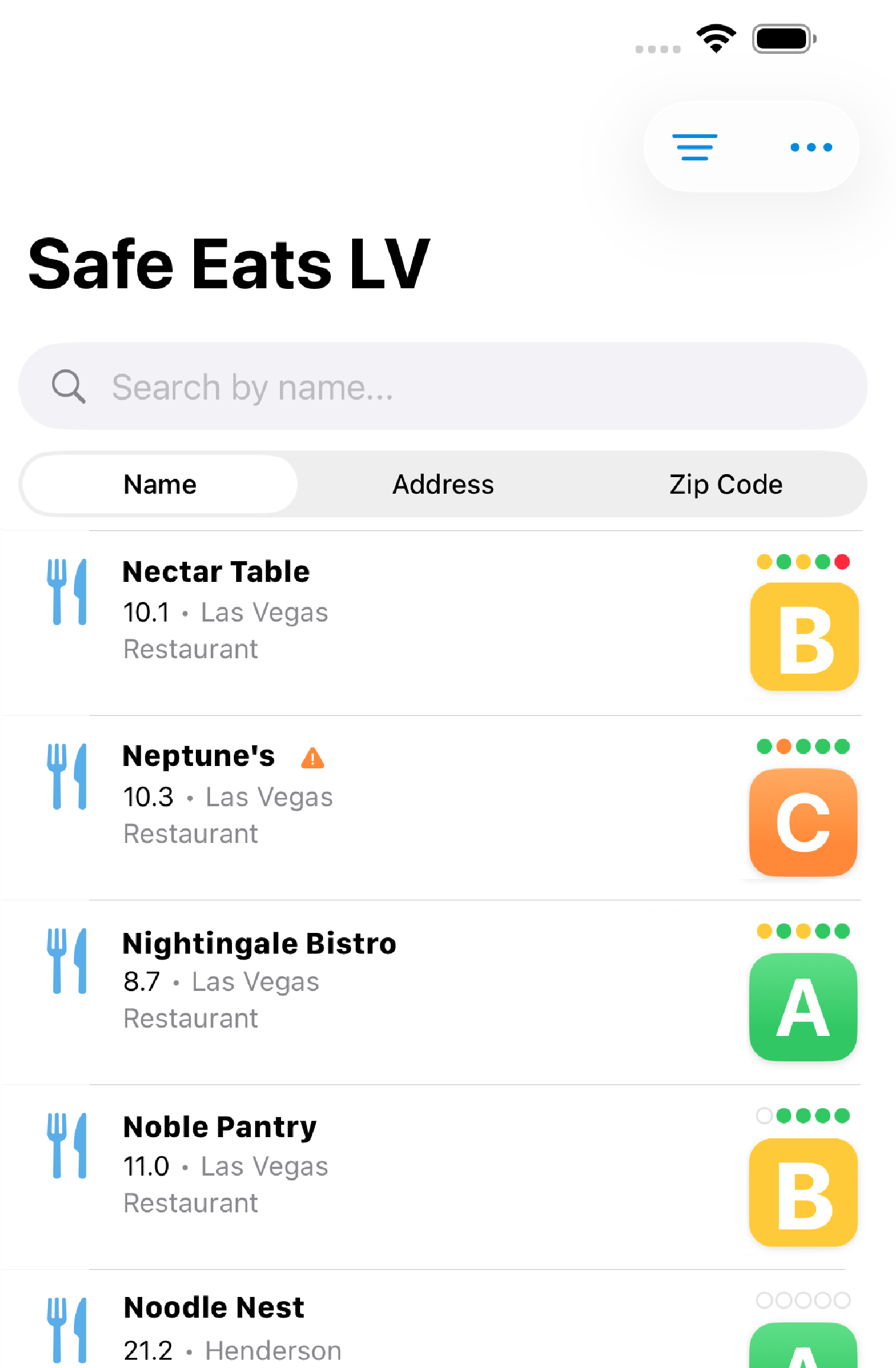 Safe Eats LV showing restaurant inspection grades