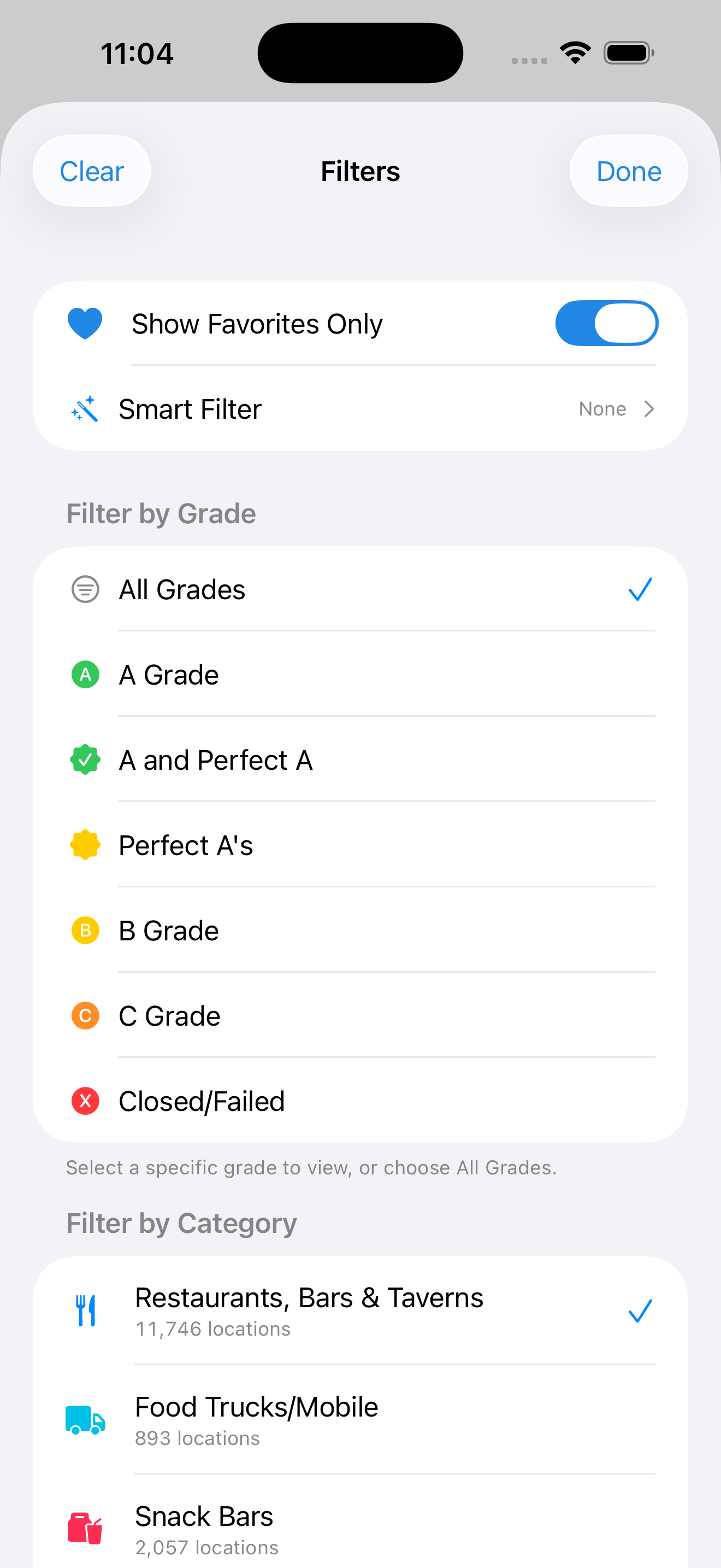 Search results in Safe Eats